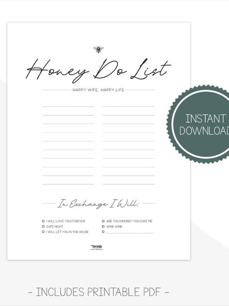 Husband Honey Do List Instant Download Printable PDF Funny Honey Do List Printable, Printing Templates, Chore Checklist, Funny Husband, Honey Do, Honey Do List, Mom Printable, Husband Humor, Happy Wife