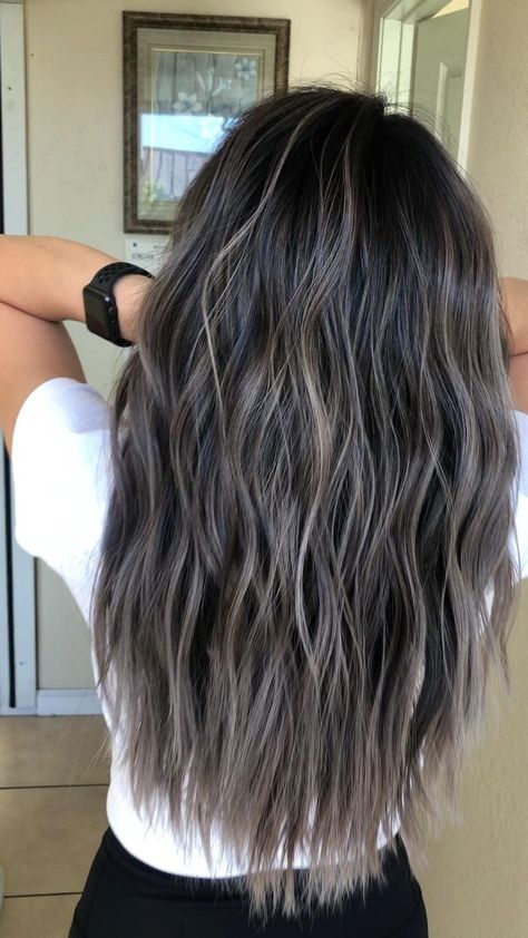 Dark With Silver Highlights, Dark Hair Ash Balayage, Mushroom Blonde Highlights On Dark Hair, Grey Blending Highlights Black Hair, Dark Brown Grey Hair, Dark Brown Grey Blending, Ash Babylights On Dark Hair, Hair To Hide Grey, Smokey High Contrast Hair