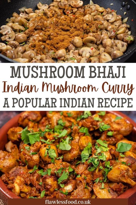 Mushroom bhaji is a popular Indian recipe made with mushrooms and spices. It is often served as a side dish in Indian restaurants but can also be served as a vegan or vegetarian main course. The best part is that Mushroom bhaji only needs a few simple ingredients. Mushroom Main Dish Recipes, Mushroom Main Dish Recipes Vegetarian, Curry Mushrooms, Mushroom Bhaji, Indian Mushroom Recipe, Mushroom Fry Indian Recipe, Indian Mushroom, Mushroom Curry Indian, Mushroom Sabji Indian