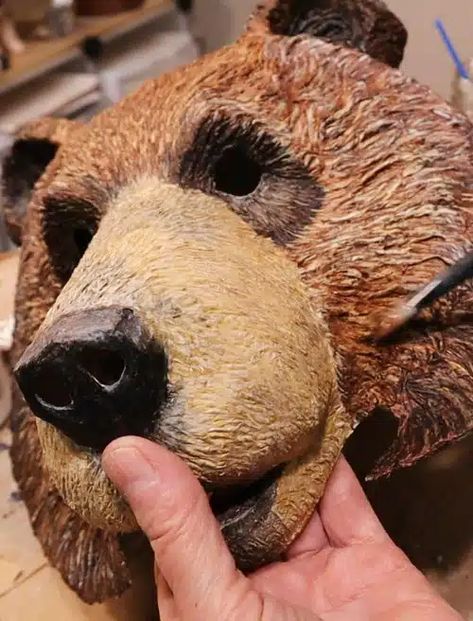 Sculpt Bear Fur With Paper Mache Clay • Ultimate Paper Mache Paper Mache Moose Head, Paper Mache Armature, Paper Mache Animal Head, Cardboard Mask, Bear Mask, Moose Head, Paper Mache Animals, Paper Mache Clay, Paper Mache Sculpture