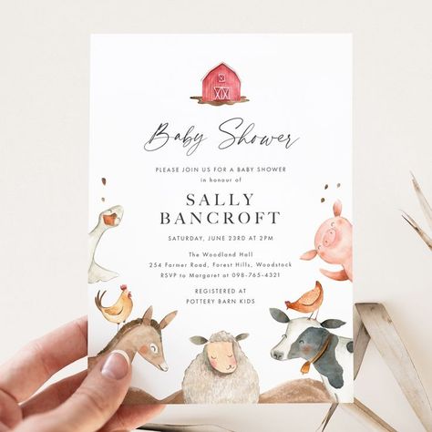 A baby shower invitation with a lovely bunch of happy farm animals, a pig, cow, sheep, donkey, goose, and chickens. #babyshower #farmbabyshower #farmyardbabyshower #neutralbabyshower #farmbabyinvitation #invitation #invitations #invitationdesign #invite #stationery #invites #farm #farmyard #baby #babygirl #babyboy #love #party #eventplanner #babylove #family #babies #events #handmade #newborn #babybump #cute #pregnant #instagood #pregnancy #partyplanner Farmyard Party, Farm Baby Shower, Animal Baby Shower Invitations, Happy Farm, Animals Baby Shower, Farm Baby, Baby Shower Invitation Template, Baby Invitations, Baby Shower Invite