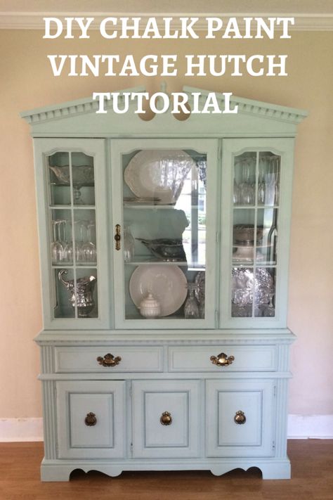 DIY Chalk Paint Vintage Hutch Tutorial Craft Cabinet Diy, Painted China Cabinet Ideas, Vintage Hutch Makeover, Chalk Paint Hutch, Furniture Hutch, Turquoise Painted Furniture, Coffee Bar Hutch, Painted China Cabinet, Hutch China Cabinet