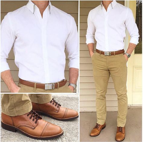 Chris Mehan, Dress Shirt Collar Styles, Outfit Boots, Mens Business Casual Outfits, Shirt Collar Styles, White Dress Shirt, Tan Pants, Brown Shoes, Men Fashion Casual Outfits