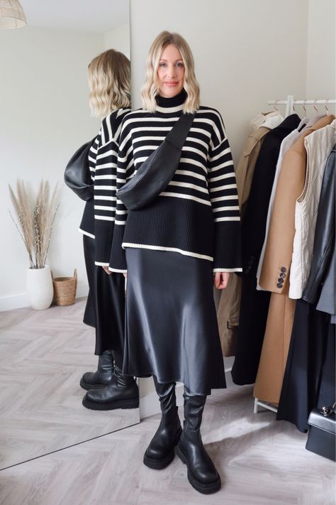 Black Striped Jumper Outfit, Navy Stripe Jumper Outfit, Toteme Striped Sweater, Black And White Striped Jumper, Satin Skirt And Jumper Outfit, Striped Sweater Skirt Outfit, Toteme Striped Sweater Outfit, Stripy Jumper Outfits, Stripe Knit Outfit