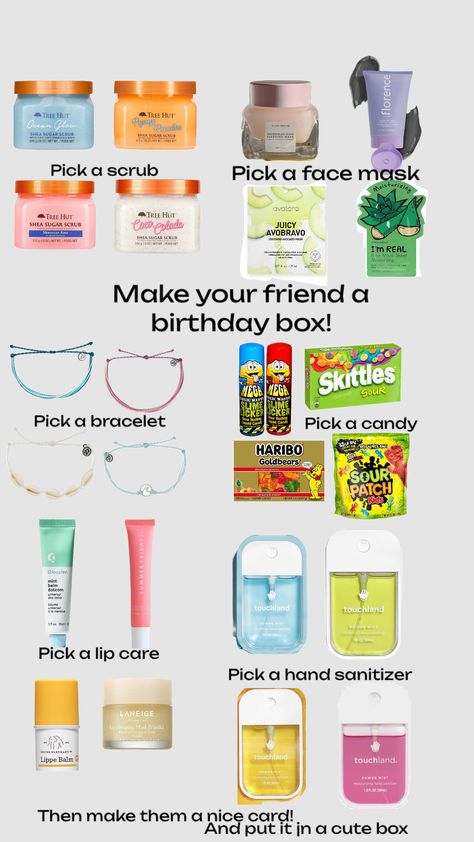 Make your friend a bday box! Or make one for yourself!!! Anniversaire Diy, Birthday Presents For Friends, Diy Best Friend Gifts, Preppy Gifts, Birthday Freebies, Birthday Basket, Cute Birthday Ideas, Cute Gifts For Friends, Diy Birthday Gifts For Friends