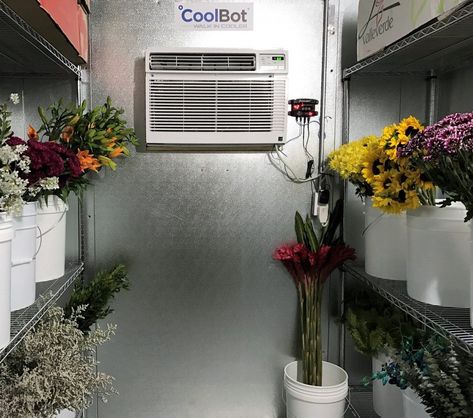 Floral Cooler | CoolBot Temperature Controller for Florists Flower Cooler Ideas, Basement Floral Studio, Diy Flower Cooler, Flower Cooler Display Florists, Floral Studio Work Spaces, Floral Shop Ideas, Florist Studio Workspace, Flower Delivery Van, Flower Cooler