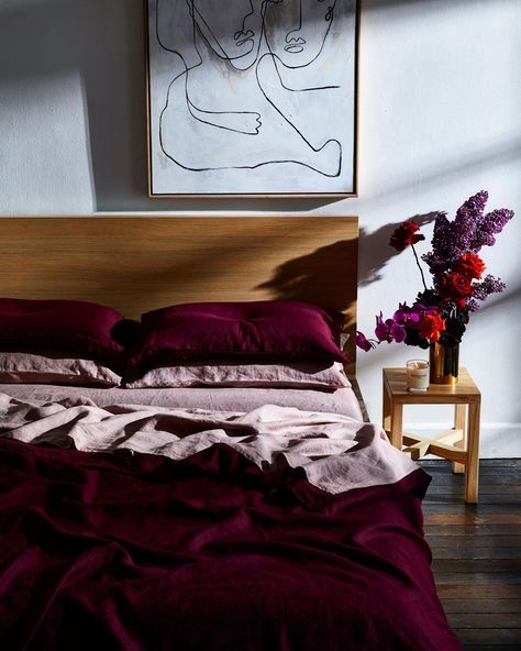 Bed Threads.® on Instagram: “Consider this: Ruby & Lavender—the perfect combination for a space that’s cosy, luxurious and ultra-inviting 🔮” Bed Threads, Bedroom Styling, Moody Bedroom, Material Bed, Bedroom Decorating, Linen Sheets, Bed Linen Sets, Styling Ideas, Bedroom Styles