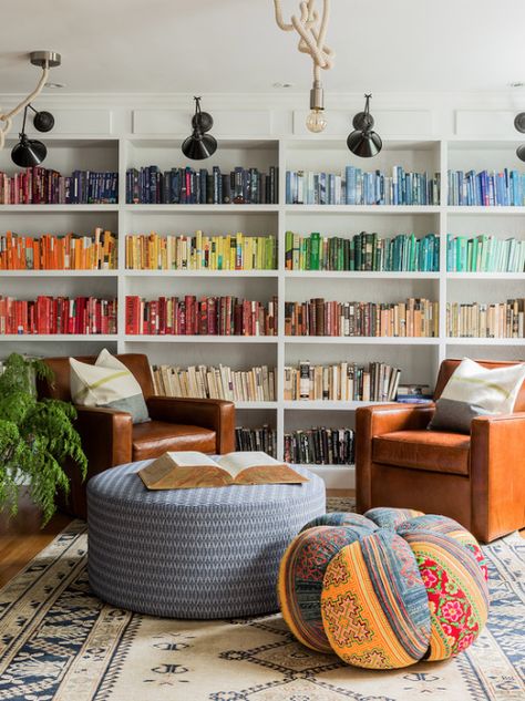 Colorful Books, Decor Ikea, Home Library Design, Cozy Living Spaces, Bookshelf Styling, Design Library, Home Libraries, Library Design, Home Library