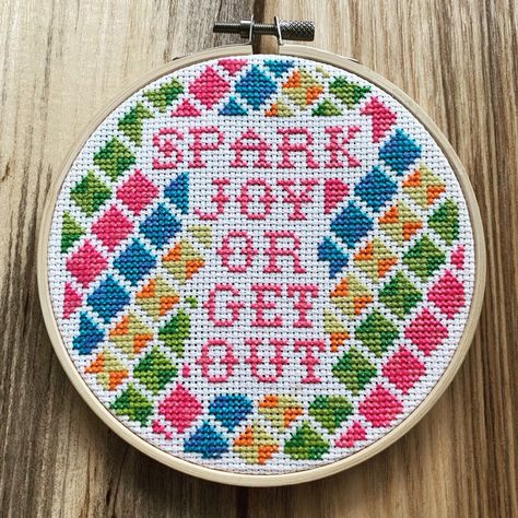 Excited to share this item from my #etsy shop: Spark Joy or Get Out Cross Stitch Sign Cross Stitch Gifts Ideas, Pretty Cross Stitch, Funny Cross Stitch Patterns, Custom Cross, Diy Presents, Stitch Ideas, Cross Stitch Funny, Diy Cross Stitch, Spark Joy