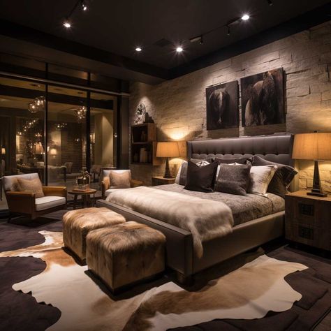 Luxurious Rustic Bedrooms, Rustic Luxe Bedroom, Rustic Chic Bedroom Ideas, Male Bedroom Design, Tonal Bedroom, Cosy Modern Bedroom, Royal Bedrooms, Rustic Master Bedrooms Decor, Masculine Bedroom Ideas