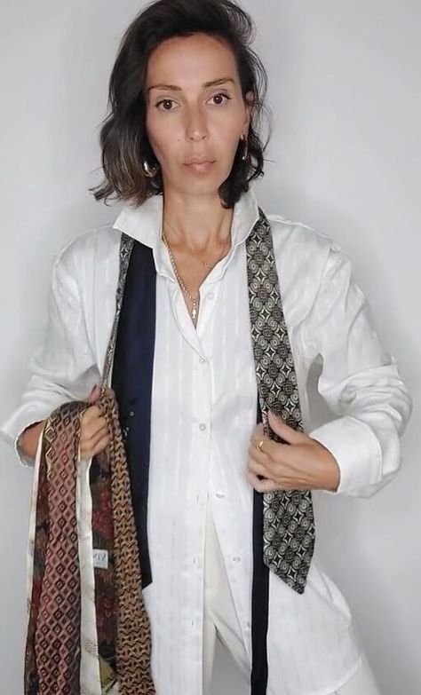 I love styling everyday things in unconventional ways, and here I’m going to show you how to create a no-sew vest from ties. Grab around ten ties in different colors and patterns, and let me show you what to do! Tie Vest Outfits For Women, Side Tie Vest, How To Tie A Scarf Into A Vest, Crochet Tie Vest Pattern, Tie Scarf Into Vest, Crochet Front Tie Vest, How To Make A Tie, Vest Outfits For Women, Diy Tie