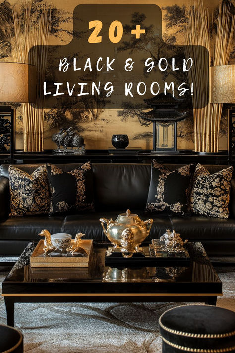 Turn your living space into a luxe haven with these 20 black and gold living room ideas! Curious about elegant decor tips? Click to uncover how these colors can transform your space into a sophisticated retreat! 🖤🌟 #LivingRoomInspo #BlackAndGoldDecor #ElegantLiving #HomeStyle #LuxuryInteriors Black And Gold Sitting Room, Black Gold White Home Decor, Living Room Design Black Couch, Black And Gold Accent Wall Living Room, Black White Gray Gold Living Room Color Schemes, Black And Taupe Living Room, Dark Grey And Gold Living Room, Black And Neutral Home Decor, Masculine Glam Living Room