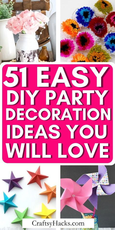 Elevate your next celebration with these DIY party decorations, perfect for adding a personalized touch to any event! Explore easy craft ideas and decor inspiration to bring your party themes to life. Homemade Birthday Party Decorations, Decorating A Large Space For A Party, Home Decor For Party, Cheap Prom Decorations Diy, Diy Simple Birthday Decorations, House Party Ideas Decorations, Summer Event Decor, Cheap Prom Decorations, Diy Decorations For Birthday