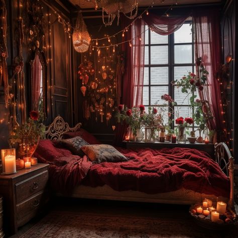 Witchy Bedroom Ideas, Dark Cozy Bedroom, Academia Bedroom, Goth Bedroom, Gothic Bedroom, Dark Home Decor, Romantic Bedroom, Decorating Inspiration, Dream Room Inspiration