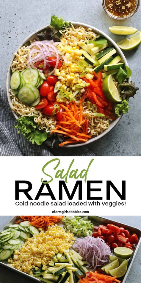 Salad Ramen features cold ramen noodles, tons of colorful, crunchy vegetables, and a fabulously tangy dressing. This cold noodle salad recipe has EVERYTHING going for it! Ramen Pasta Salad, Raman Noodle Salad, Cold Ramen, Cold Noodle Salad, Noodles Salad, Healthy Ramen, Noodle Salad Cold, Tasty Salads, Crunchy Vegetables