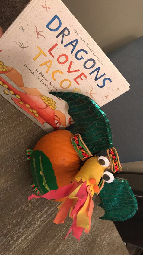 Dragons love tacos fall pumpkin project for toddlers/ pre-k Taco Pumpkin Decorating, Dragon Painted Pumpkin, Dragons Love Tacos Pumpkin, Pumpkin Dragon, Dragon Pumpkin Decorating, Dragon Pumpkin, Book Character Pumpkins, Story Book Pumpkin, Dragons Love Tacos