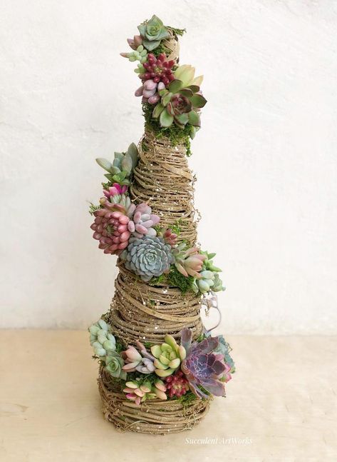 Succulent Christmas Trees Are The Stunning New Trend You’ll Want To Try This Holiday Season Grapevine Christmas Tree, Grapevine Tree, Navidad Natural, Grapevine Christmas, Kaktus Dan Sukulen, Twig Christmas Tree, Succulent Tree, Cactus Rose, Tree Centerpieces