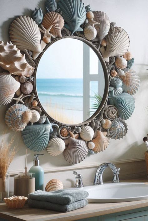 Bring the beach home with this mirror surrounded by a frame of seashells. Perfect for a coastal-themed bathroom escape. #CoastalDecor #BeachBathroom Sea Shell Mirrors, Mirror Unit, Seashell Frame, Seashell Mirror, Themed Bathroom, Shell Mirror, Mirror Ideas, Jelly Fish, Framed Mirror