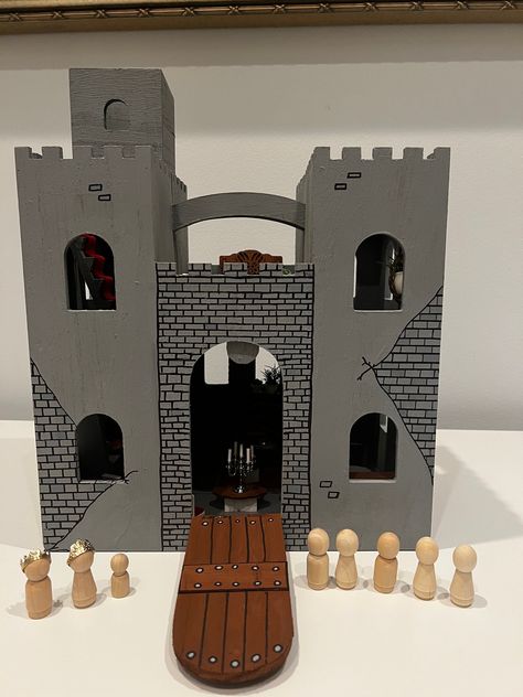 Hand painted castle with hand made items inside. 12.61" x 7.88" x 12.61" Top tower is not attached and can be used as storage for pieces and be placed inside the castle for storage.  Has a handle for easy transportation.  Comes with all furniture inside the castle that is shown. Including free peg people shown in photo.  small items are a choking hazard Castle Dollhouse, Castle Crafts, Miniature Building, Toy Castle, Castles Interior, Homemade Toys, Child Therapy, Peg People, Dolls Houses