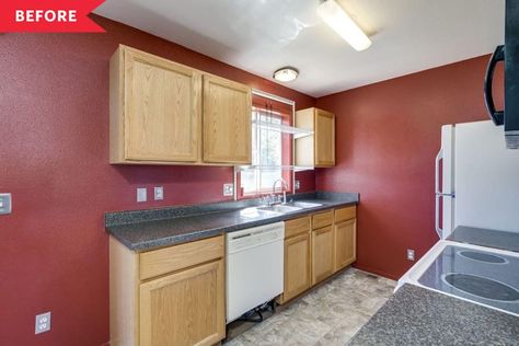 1990s Kitchen, Brown Laminate Flooring, 90s Kitchen, Dark Counters, Kitchen Boho, Brown Laminate, 70s Kitchen, Rental Kitchen, Kitchen Refresh