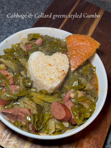 Cabbage and collard greens styled gumbo | Article posted by Victoria Brenae | Lemon8 Collard Green Gumbo, Green Gumbo, Cajun Cooking Recipes, Gumbo Ingredients, Smoked Turkey Legs, Collard Greens Recipe, Southern Cooking Recipes, Collard Green, Southern Recipes Soul Food