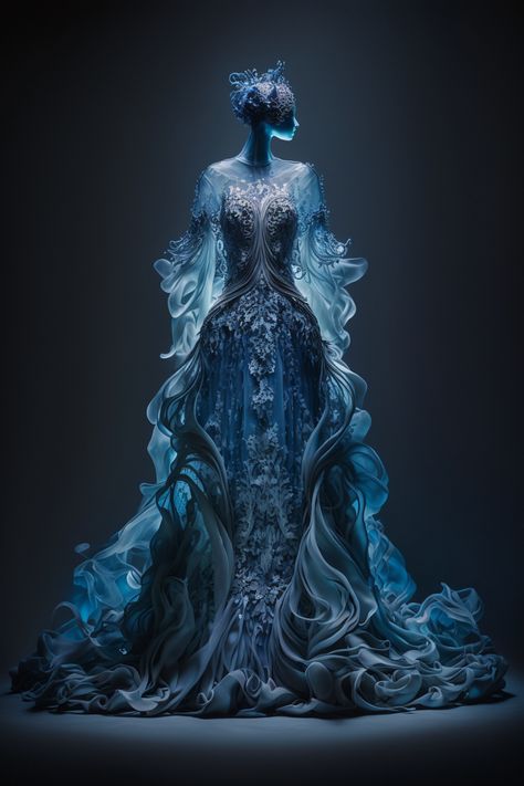 Aquarius zodiac sign inspired gown Gem Dress Jewels, Water Fantasy Dress, Water Dress Aesthetic, Aquatic Dress Design, Water Goddess Outfit, Water Inspired Dress, Water Gown, Ocean Goddess Dress, Mythical Outfits