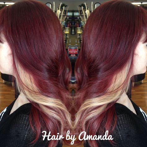 Dark red violet with blonde peekaboos. Burgundy Hair Blonde Peekaboos, Dark Red Hair To Blonde, Red With Blonde Highlights Peekaboo, Burgundy Hair With Blonde Peekaboos, Dark Red To Blonde Balayage, Blonde On Top Dark Red Underneath, Red Hair And Blonde Underneath, Red And White Peekaboo Hair, Dark Hair With Blonde And Red