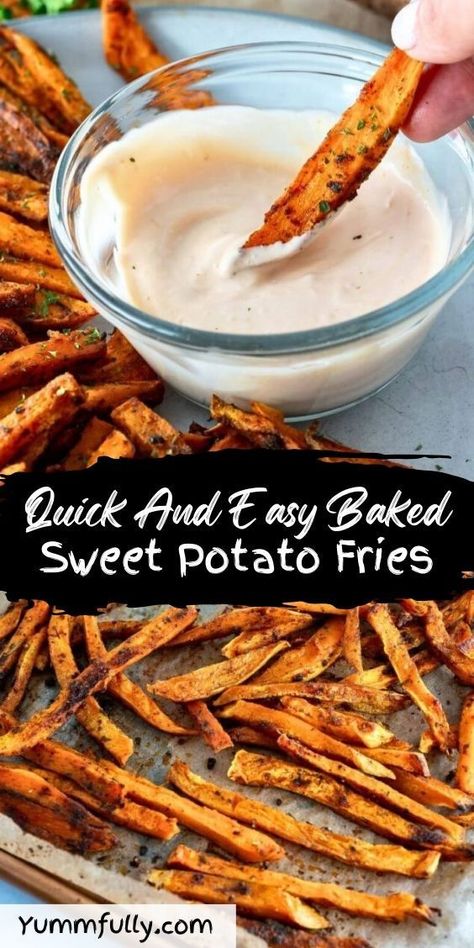 Healthy baked sweet potato fries are fuss-free and easy to prepare using simple pantry staples. You can customize them to fit your taste by using your favorite herbs and spices, and they only take minutes to make. Follow these secrets for extra crispy fries! Healthy Baked Sweet Potato, Sweet Potato Fries Dipping Sauce, Easy Baked Sweet Potato, Easy Sweet Potato Fries, Sweet Potatoes Recipes, Sweet Potato Chips Baked, Dinner Meat, Baked Sweet Potato Fries, Crispy Sweet Potato Fries