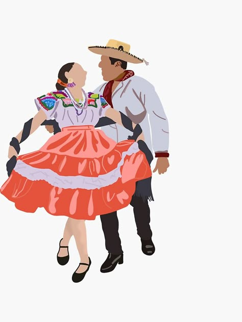 Folklorico Dresses, Ballet Folklorico, Spanish Woman, Illustration Art Design, Folk Dance, Couple Dancing, San Pedro, Print Stickers, Performance Art