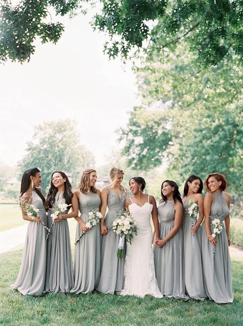 Happy bridesmaids in steel gray dresses #bridesmaidsdresses #graybridesmaidsdresses Gray Wedding Colors, Grey Bridesmaids, Grey Bridesmaid Dresses, Peacock Wedding, Cute Wedding Ideas, Wedding Color Palette, Gray Weddings, Wedding Bridesmaid Dresses, Dream Wedding Dresses