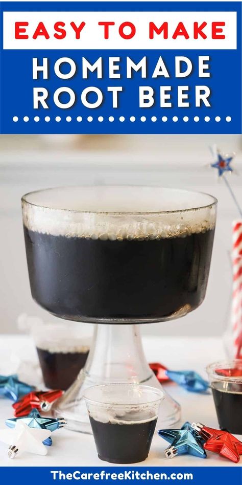 This Homemade Root Beer recipe uses just 4 ingredients and can be made in about 15 minutes. Serve in a large punch bowl with dry ice for an extra spooky Halloween presentation. #thecarefreekitchen #drink #punch #dryice #rootbeer #homemaderootbeer #sassafras #halloween Dry Ice Root Beer, Homemade Root Beer With Dry Ice, Homemade Rootbeer Dry Ice, Homemade Root Beer Recipe, Homemade Root Beer, Breakfast Punch, Beer Punch, Homemade Drinks Recipes, Root Beer Recipe