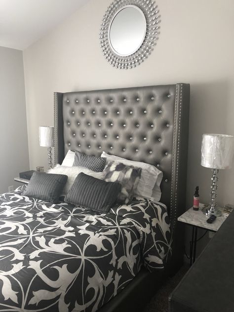 Grey Queen Bed, Diamond Bed, Grey Tufted Headboard Bedroom, Stone Bed Frame, Diamond Headboard Bedroom, Diamond Bed Frame, Rhinestone Bed Frame, Grey Studded Headboard Bedroom, Gray Tufted Bed