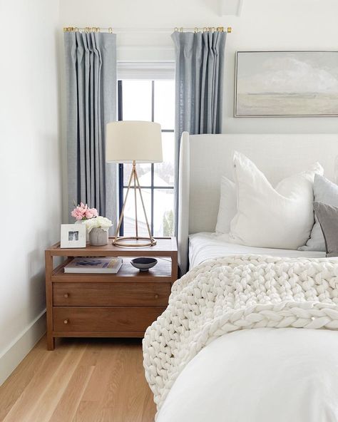 Crate And Barrel Bedroom, Master Suite Decor, Charging Nightstand, Master Suite Design, Suite Decor, Wood Canopy Bed, Grey Blackout Curtains, Ivory Curtains, Suite Design