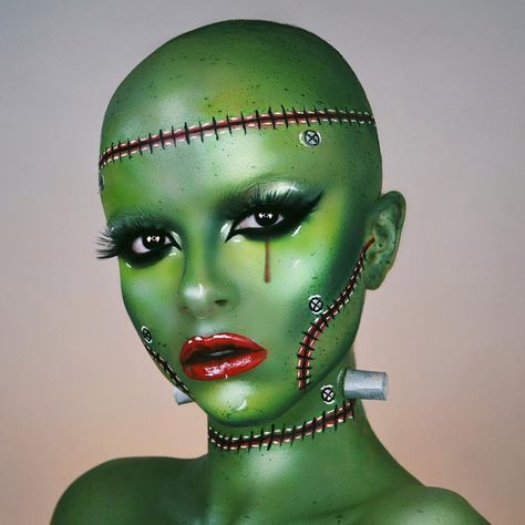 “Frankenstein’s Monster, but a little bit glam💚." #Halloween KIMBERLEY MARGARITA Bald Cap Makeup Inspiration, Facepaint Halloween, Frankenstein Makeup, Star Woman, Bald Caps, Painted Mask, Glam Halloween, Halloween Shoot, Prosthetic Makeup