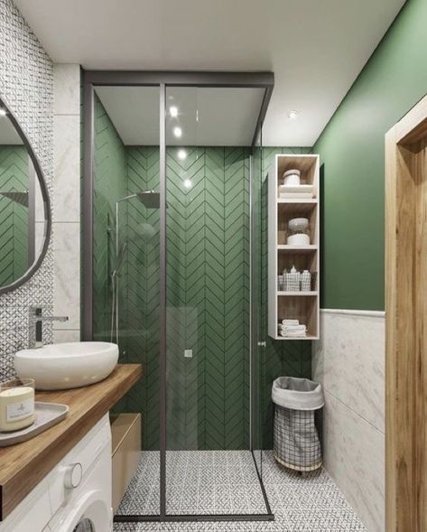 Green Chevron Tile, Green Bath Tile, Makeover Kamar Mandi, Latest Bathroom Designs, Bath Tile, Bathroom Design Trends, Brick Pattern, Neutral Room, Tile Color