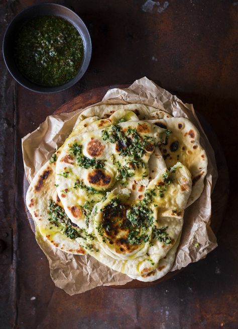 2 Garlic Naan And Butter Chicken, Curry And Naan Bread, Garlic Naan Photography, Buttery Garlic Naan Bread, Vegan Garlic Naan Bread, Bread With Garlic, Baking Savory, Coriander Recipes, Dish Magazine