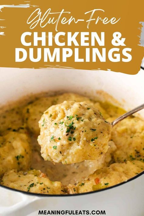 This gluten-free chicken and dumplings recipe has a SHORTCUT SECRET INGREDIENT for perfect dumplings every time! My #1 tip for amazing gluten-free chicken and dumplings? Use gluten-free Bisquick pancake & baking mix to make the most tender, flavorful dumplings! Dumplings With Bisquick, Chicken And Dumplings With Bisquick, Gluten Free Chicken And Dumplings Recipe, Chicken And Dumplings Gluten Free, Gluten Free Dumplings, Meaningful Eats, Gluten Free Bisquick, Chicken And Dumplings Recipe, Gluten Free Chicken Recipes