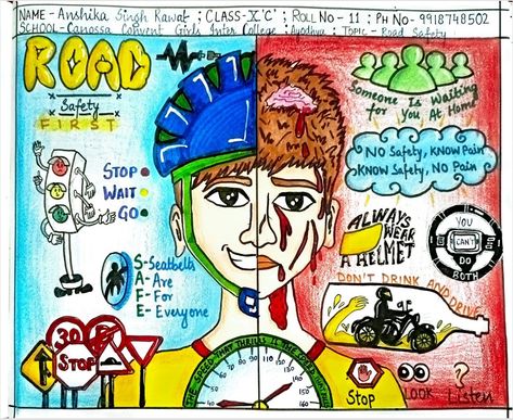 Drawing On Road Safety, Informative Poster Ideas, Traffic Awareness Poster Drawing, Road Safety Poster Drawing Competition, Traffic Awareness Drawing, Social Awareness Drawing, Dowry System Poster, Poster Making On Road Safety, Traffic Rules Poster Drawing