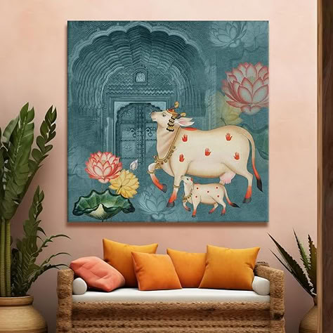 This is a very beautiful and charming painting for home wall. Pichwai Painting, Art Indian, Traditional Wall Art, Pichwai Paintings, Indian Painting, Wall Canvas Painting, Cow Painting, Art Canvas Painting, Indian Art Paintings