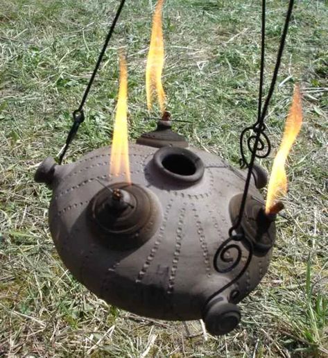 Medieval Candle Holder, Ancient Oil Lamp, Sca Camping, Oil Lamp Candle, Celtic Viking, Primitive Technology, Medieval Furniture, Lamp Candle Holder, Earthenware Ceramics