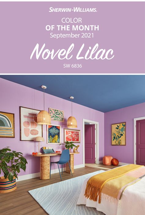 Bring your modern maximalist style to life with walls painted the Sherwin-Williams September Color of the Month, Novel Lilac SW 6836. Complete the look with a door in Juneberry SW 6573 and the ceiling in Perfect Periwinkle SW 9065. Tap this pin for more styling tips, then get your DIY painting project started today. #sherwinwilliams #color #inspiration #colorinspiration #paint #decor #interiordesign #paintinspiration #maximalism #purple #lilac Novel Lilac Sherwin Williams, Rooms With Lilac Walls, Lilac Office Ideas, Painted Rooms Ideas Color Schemes, Best Lilac Paint Colors, Lilac Room Paint, Lilac Ceiling, Lilac Accent Wall, Lilac Wall Color