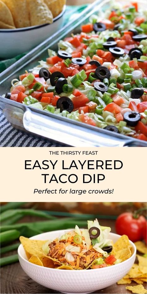 Go big with this layered taco dip recipe – it is the perfect appetizer for large crowds. Ground beef, refried beans, cheese, cream cheese, sour cream, and more. Add this appetizer to your game day or party menus! Taco Dip Recipe With Ground Beef, Layered Taco, Recipe With Ground Beef, Layered Dip Recipes, Layered Taco Dip, Taco Dip Recipe, Dip Nail, Layer Dip, Taco Dip