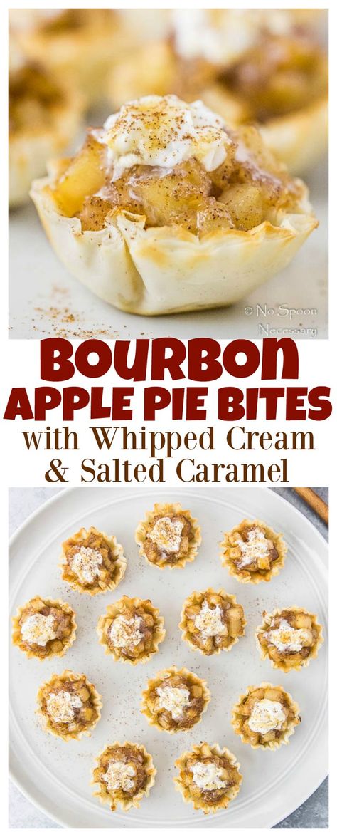 Bourbon Apple Pie Bites with Whipped Cream & Salted Caramel Easy, Delicious & Perfect for #Thanksgiving or #Holiday Parties! Drunken Desserts, Bourbon Apple Pie, Holiday Recipes Christmas Desserts, Holiday Party Desserts, Apple Bites, Mini Fruit Tarts, Alcoholic Treats, Alcoholic Desserts, Apple Pie Bites