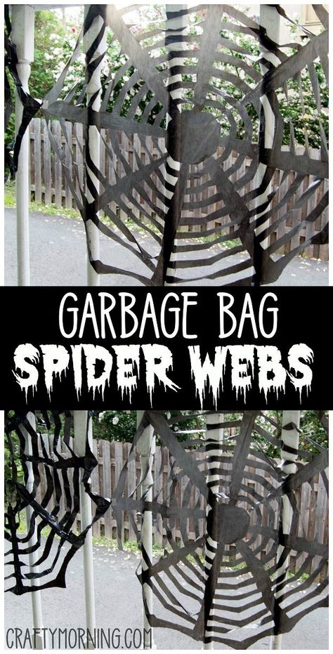 Trash Bag/ Garbage Bag Spider Web Decorations. Find the step by step instructions on how to cut it! Fun halloween outdoor decoration to make thats easy and cheap to do. Garbage Bag Spider, Trash Bag Spider, Spider Web Diy, Christmas Footprint Crafts, Halloween Outdoor Decoration, Crafty Morning, Spider Web Decoration, Spider Decorations, Spider Crafts