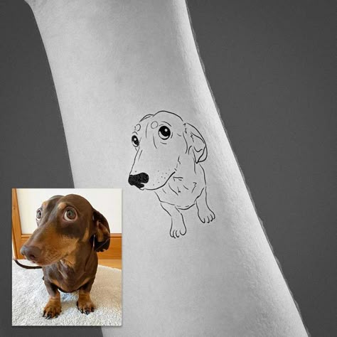 Custom Pet Dog Outline Tattoos | Inku Paw Fine Line Daschund Tattoo, Dog Tattoo Line, Creative Dog Tattoos, Tattoo Of Dog Outline, Dauschaund Tattoo, Daschund Outline Tattoo, Sausage Dog Tattoo Outline, Dachshund Outline Tattoo, Simple Weenie Dog Tattoo