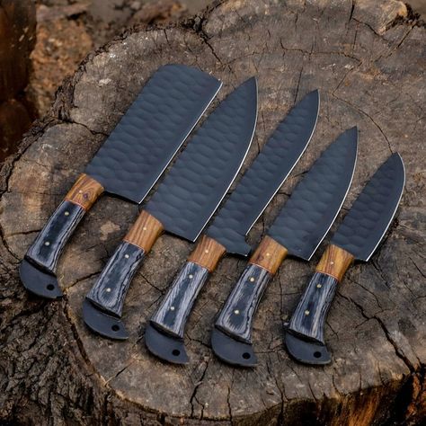 Handcrafted kitchen knife set with leather kit, Handmade chef knife set - Artisanal knives - Ideal gift for him - *Specifications: 5 Pcs Black Pakka Wood set Overall Size: 13.50”, 12”, 12”, 9”, 8” Handle Material: Black Pakka Wood Blade material: D2 Steel & black coating (Food Grade) DM or Contact Below Details for Further Information: info@elegant-blades.com Whats Ap:+447466553242 #kitchenknifeset #chefknifeset- #knifeset #premiumknifeset- #cookingessentials - #culinarytools - #professiona... Handmade Chef Knife, Leather Kits, Kitchen Knife Set, D2 Steel, Chef Knife Set, Knife Set Kitchen, Kitchen Knife, Foodie Gifts, Knife Set