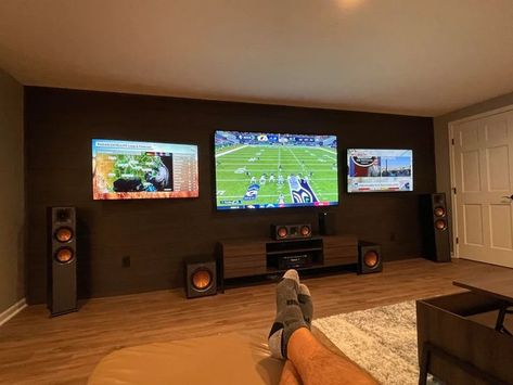 Sports Tv Wall, Game Room Multiple Tvs, Multiple Tv Wall Ideas Man Cave, Multiple Tv Wall, Tv Wall Basement, Two Tvs In One Room Ideas, Man Cave Tv Wall, Home Theatre Room Design, Sports Room Man Cave