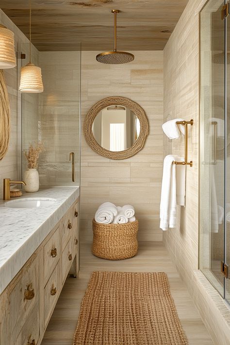 Transform your home with these stunning modern bathroom ideas. The use of natural materials and warm tones creates a tranquil and inviting space. Perfect for rejuvenation, this design brings a luxurious feel. #ModernBathroomIdeas #HomeDecor #InteriorDesign Small Elegant Bathroom, Mediterranean Style Bathroom, Bathroom Boho, Tile Accent Wall, Elegant Bathroom Decor, Cheap Bathroom Remodel, Baths Interior, Beige Bathroom, Small Bathroom Makeover