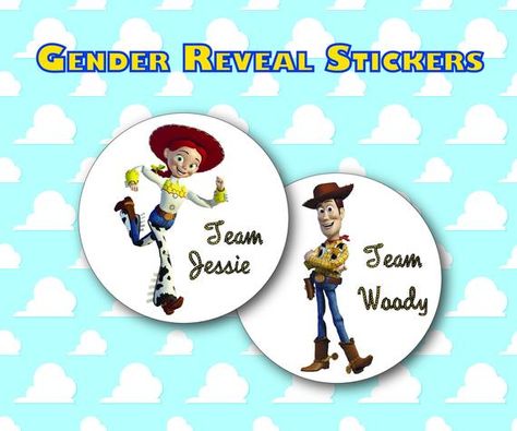 Woody And Jessie Gender Reveal, Toy Story Gender Reveal Ideas, Toy Story Gender Reveal Party Ideas, Toy Story Gender Reveal, Gender Reveal Stickers, Woody And Jessie, Toy Story Baby, Pregnancy Gender, Pregnancy Gender Reveal