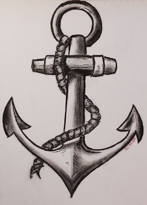 Charcoal anchor drawing Anchor Pencil Drawing, Nautical Drawings Pencil, Simple Anchor Drawing, Easy Graphite Drawings, Nautical Drawings, Anchor Sketch, Anchor Drawing, Nautical Drawing, Ship Drawings